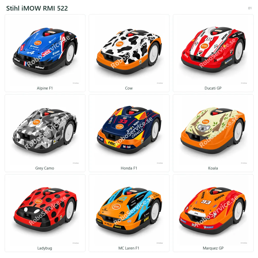 Collage of 9 AI mockups of Stihl iMOW RMI 522: Alpine F1, Cow, Ducati GP, Grey Camo, Honda F1, Koala, Ladybug, MC Laren F1, Marquez GP.