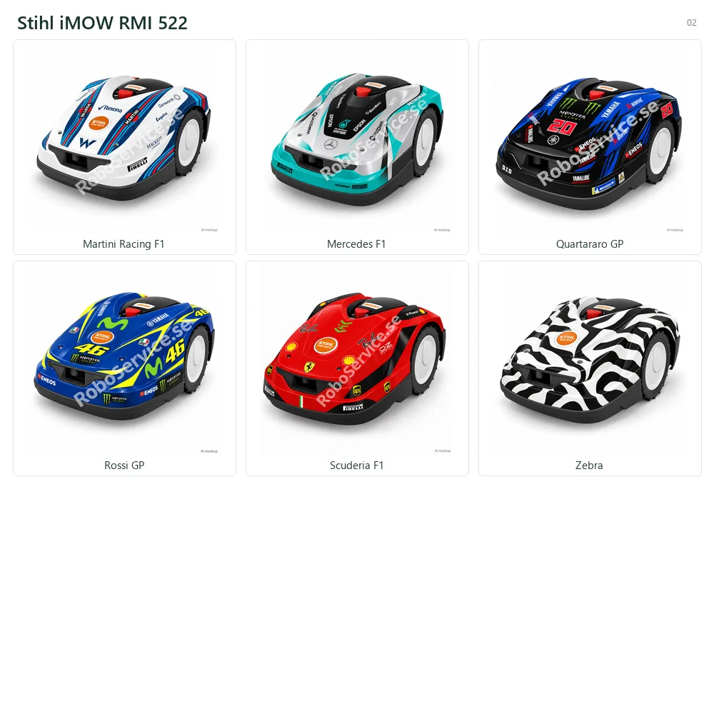 Collage of 6 AI mockups of Stihl iMOW RMI 522: Martini Racing F1, Mercedes F1, Quartararo GP, Rossi GP, Scuderia F1, Zebra.