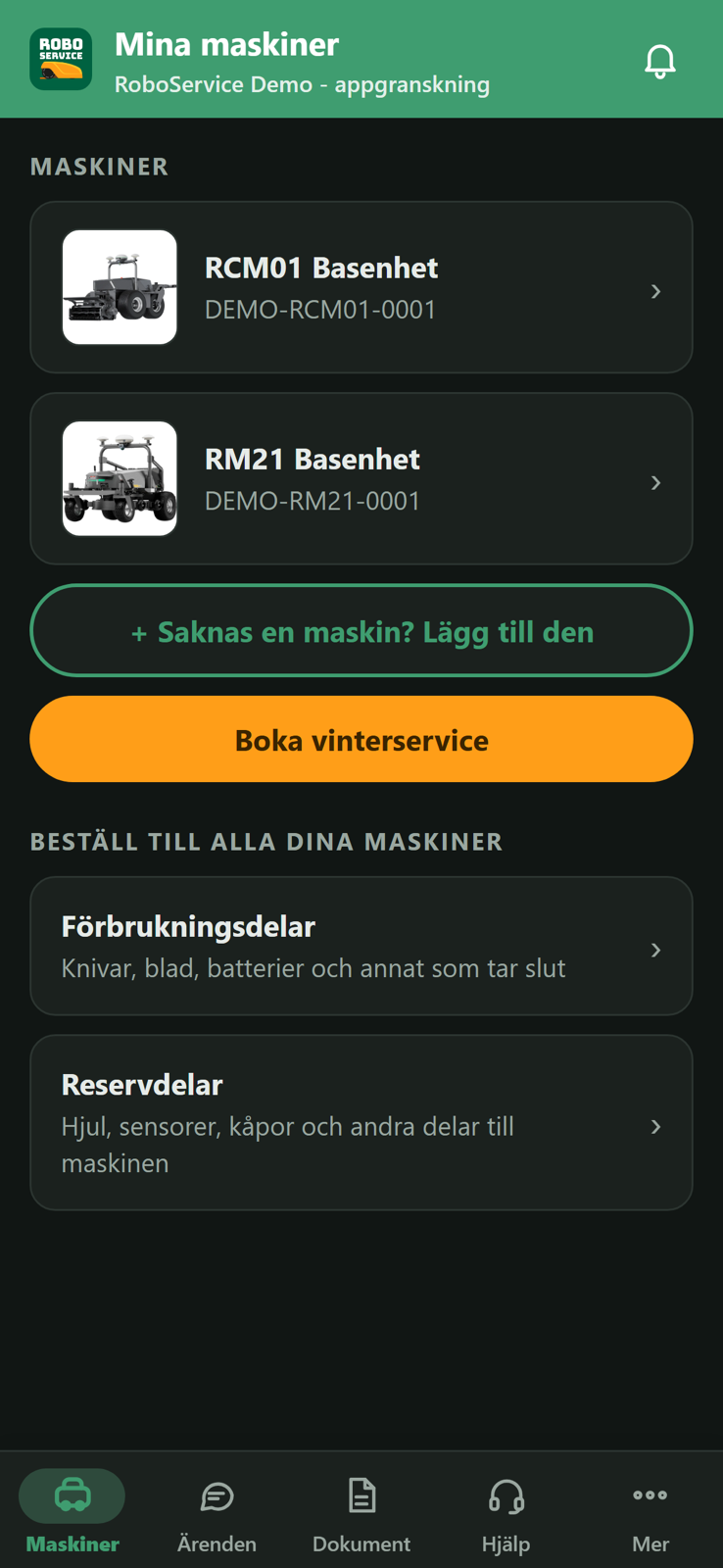 Fliken Mina maskiner i RoboService-appen: två robotar med bild och serienummer, knappar för att lägga till en maskin och boka vinterservice, och flikraden Maskiner, Ärenden, Dokument, Hjälp och Mer