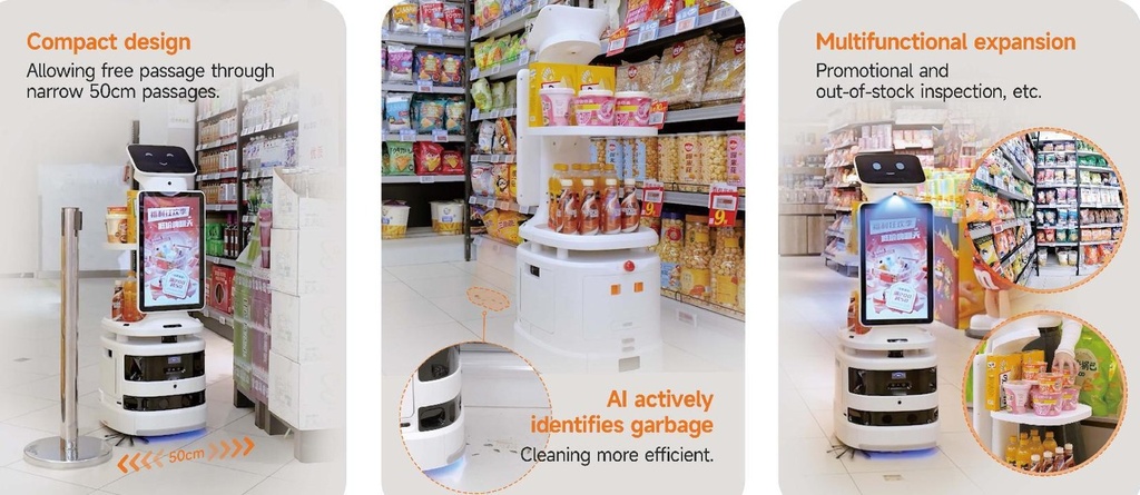 OrionStar CleaniBot A10P - i butiksmiljo: smal passage, AI-skraphantering, reklam-/kioskskarm