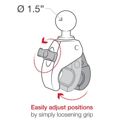 Diagram av RAM Tough-Claws käke, 1,5-tums kula och verktygsfri justering