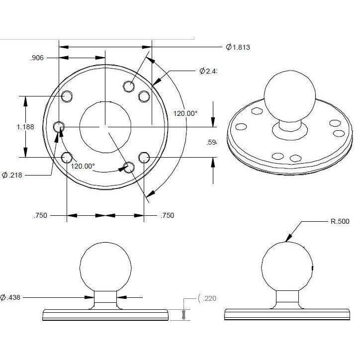 RAM Round Plate with Ball B Size - dimensioned technical drawing