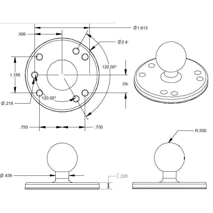 RAM Round Plate with Ball B Size - dimensioned technical drawing