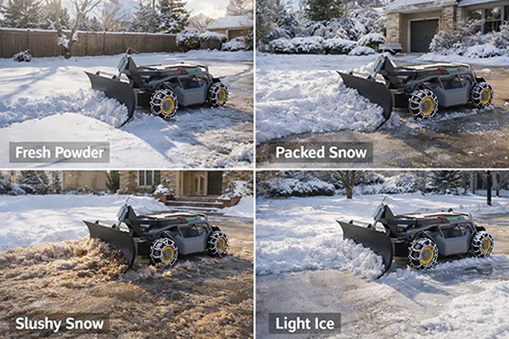 Mowrator snöplog på pudersnö, packad snö, slask och lätt is
