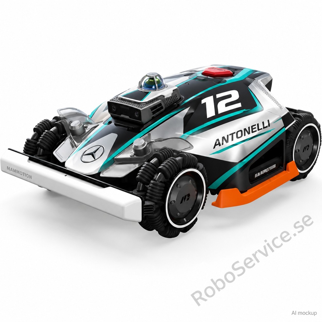 Mockup av Mercedes F1 (Antonelli) Edition på Mammotion LUBA 3