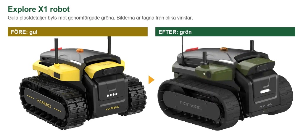 Gröna plastdetaljer till Nortec Explore X1 robot, före gul och efter grön